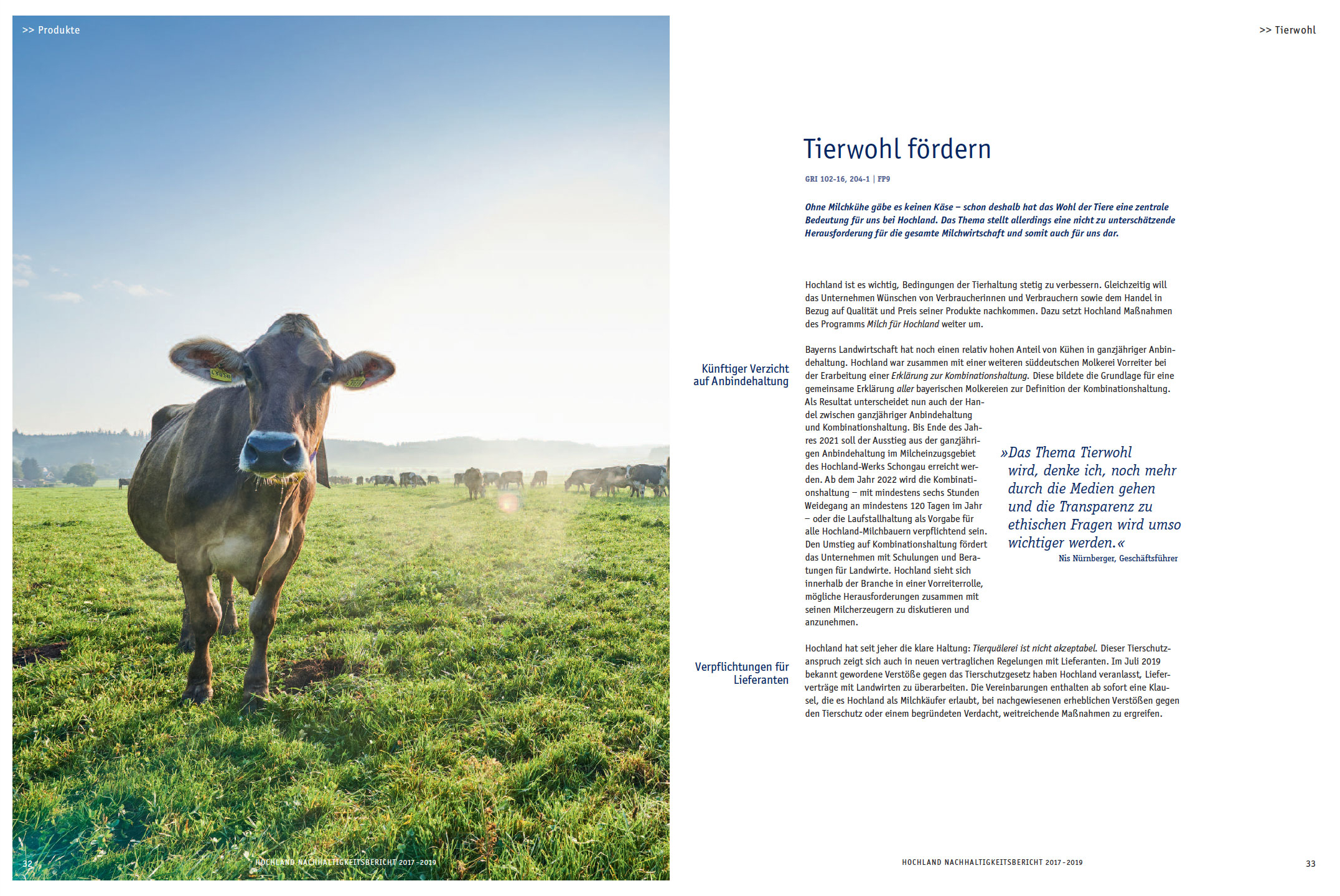 Editorialdesign-und-Fotografie-Michael-Jasten-Nachhaltigkeitsbericht-Hochland-32 Doppelseite des Hochland-Nachhaltigkeitsberichts zu Tierwohl und Milchwirtschaft