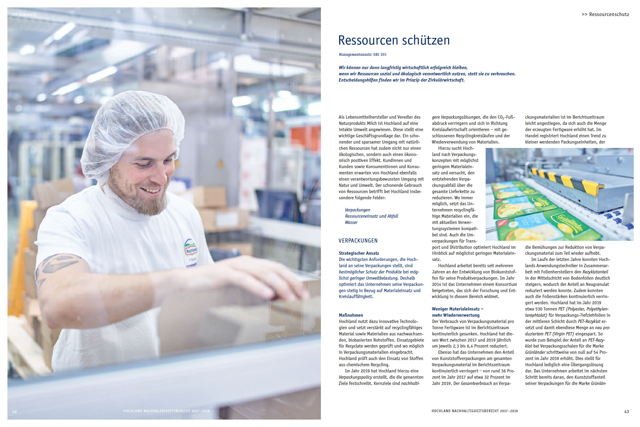 Editorialdesign-und-Fotografie-Michael-Jasten-Nachhaltigkeitsbericht-Hochland-42 Doppelseite des Hochland-Nachhaltigkeitsberichts zu Ressourcen und Mitarbeitenden