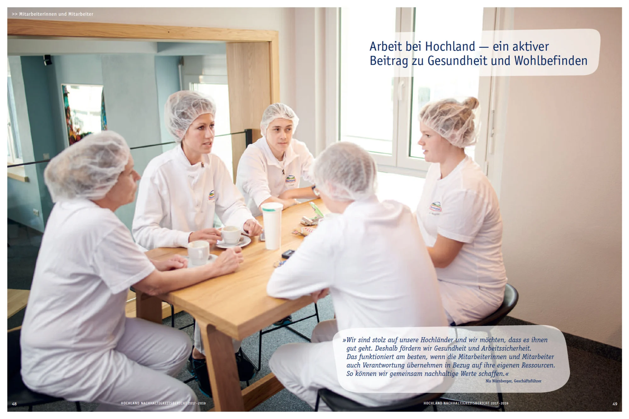 Editorialdesign-und-Fotografie-Michael-Jasten-Nachhaltigkeitsbericht-Hochland-48 Kapiteltrenner-Doppelseite des Hochland-Nachhaltigkeitsberichts zu Gesundheit und Arbeitswelt