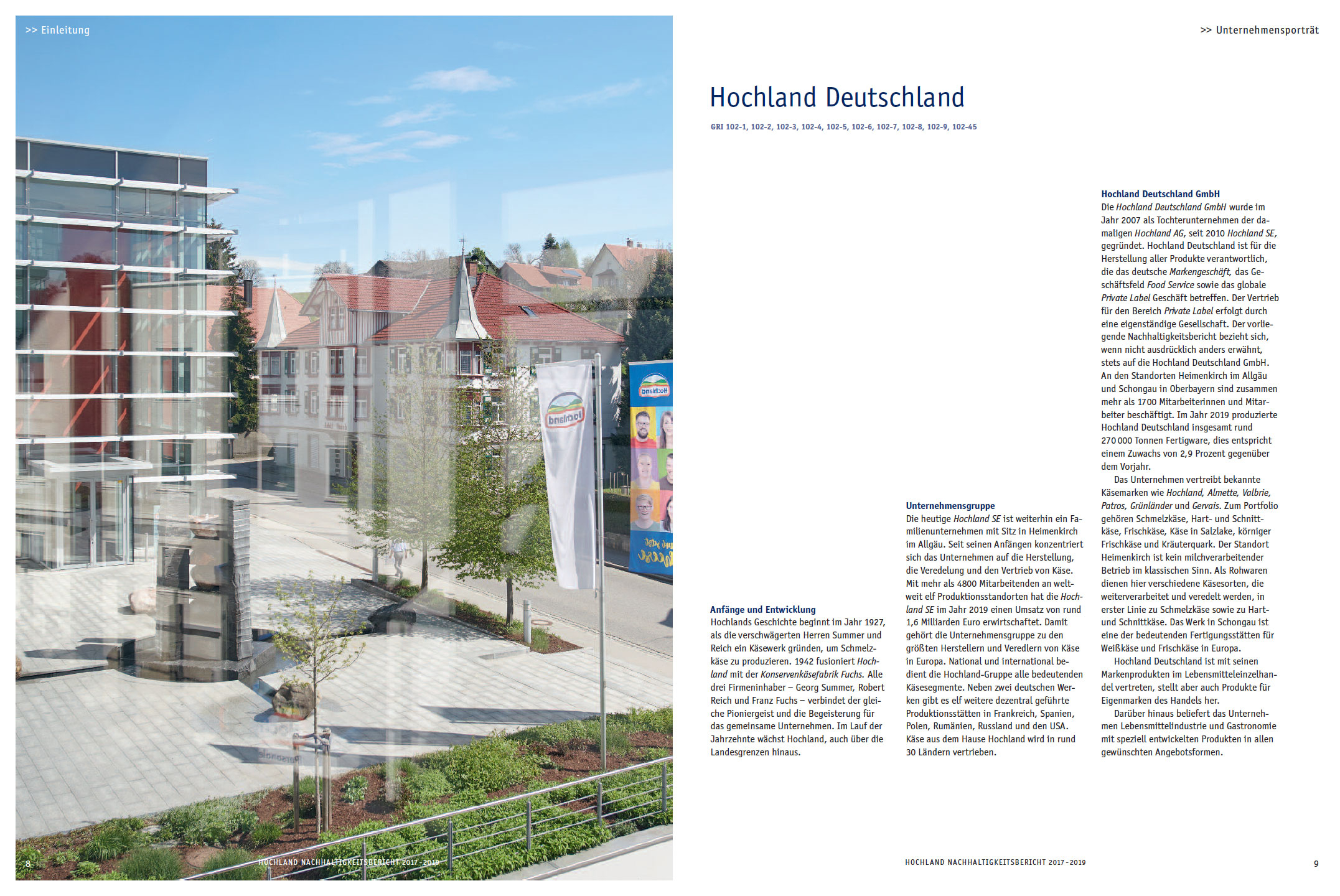 Editorialdesign-und-Fotografie-Michael-Jasten-Nachhaltigkeitsbericht-Hochland-8 Innenseite des Hochland-Nachhaltigkeitsberichts mit Foto des Firmensitzes
